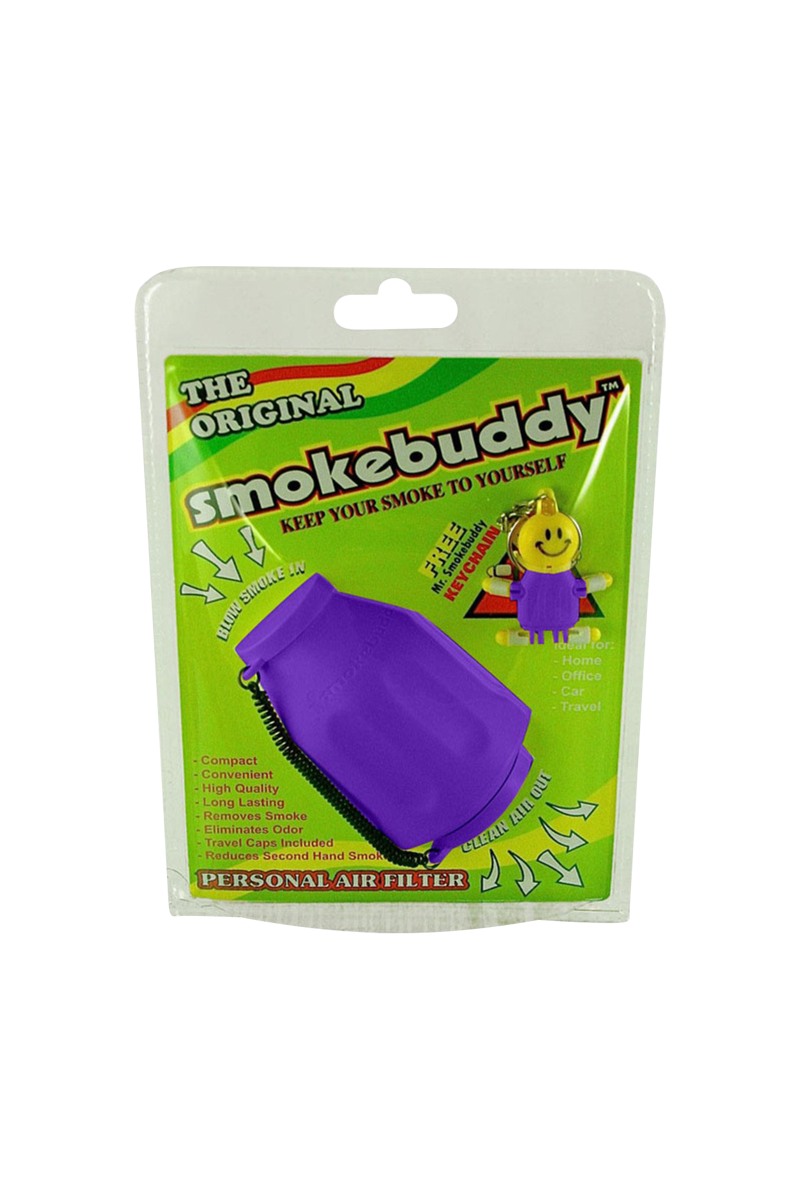 Front-facing product pack showing a purple Smokebuddy Original Personal Air Filter on bright green branded backing with a smiley keychain.