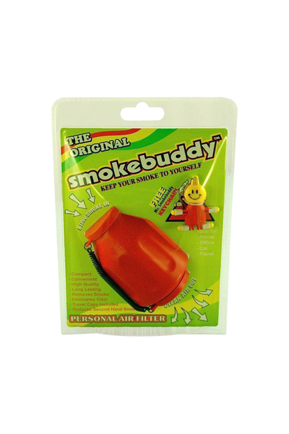 Front-facing pack shot of a red Smokebuddy Original Personal Air Filter resting on bright green branded backing card.