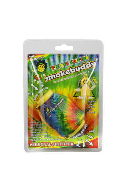 Front-facing shot of the tie-dye packaged Smokebuddy Original Personal Air Filter showing the colorful device and printed blister-card artwork.