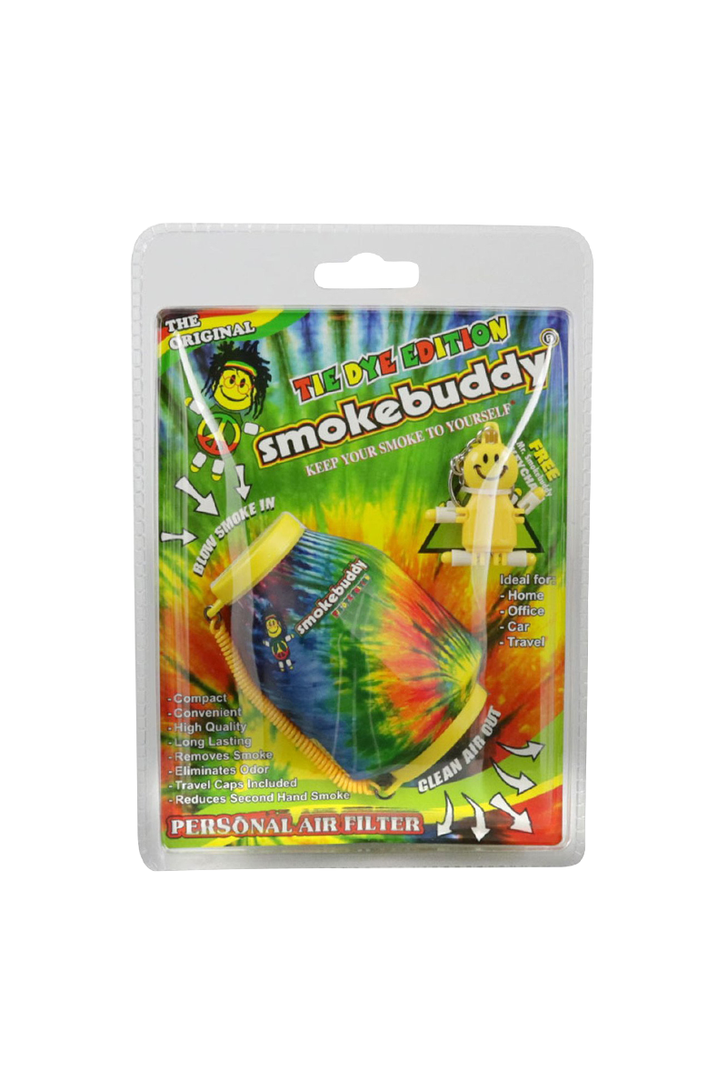 Front-facing shot of the tie-dye packaged Smokebuddy Original Personal Air Filter showing the colorful device and printed blister-card artwork.