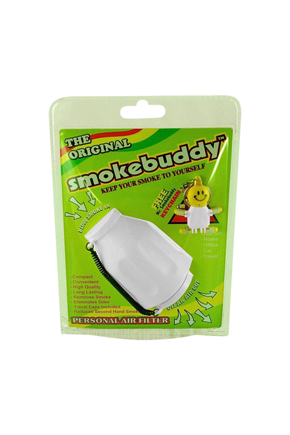 Pack-front view of the Smokebuddy Original Personal Air Filter in its green blister card packaging with a white filter visible.