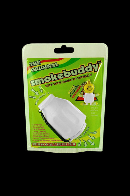Front-facing shot of teal packaging featuring the Smokebuddy Original Personal Air Filter with a white filter image and bright green background.