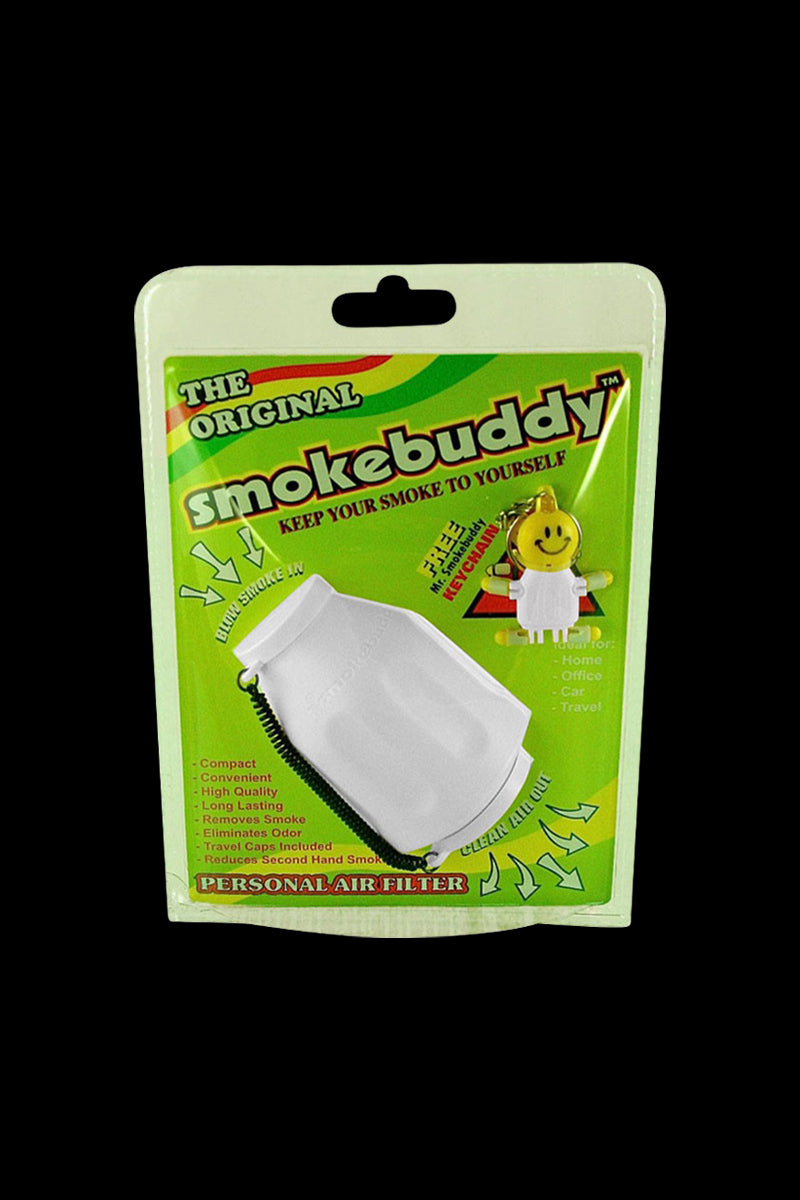 Front-facing shot of teal packaging featuring the Smokebuddy Original Personal Air Filter with a white filter image and bright green background.