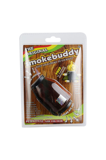 Front-facing photo of the Smokebuddy Original Personal Air Filter in retail blister pack against a white background.