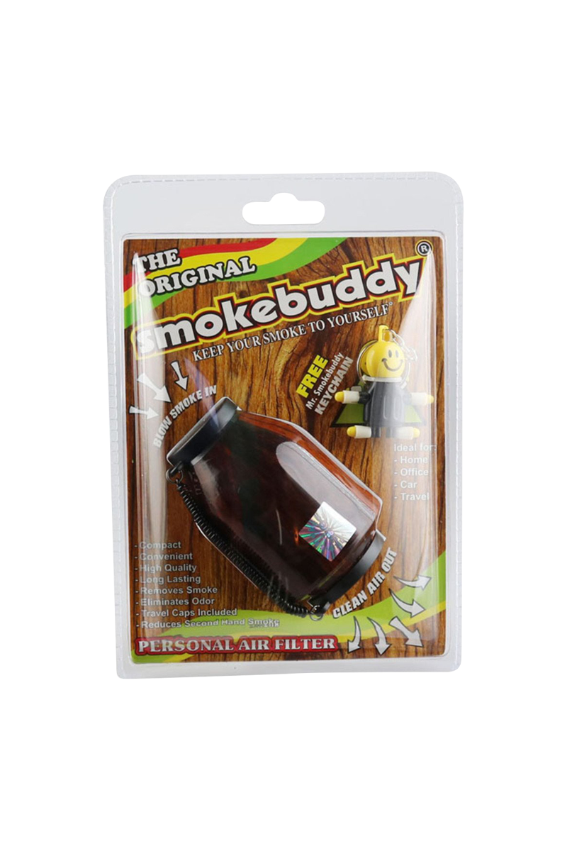Front-facing photo of the Smokebuddy Original Personal Air Filter in retail blister pack against a white background.