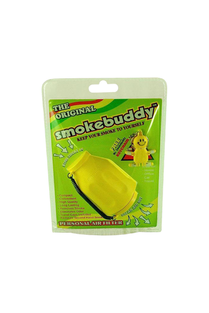 Pack-front view of the yellow Smokebuddy Original Personal Air Filter in its green blister card packaging.