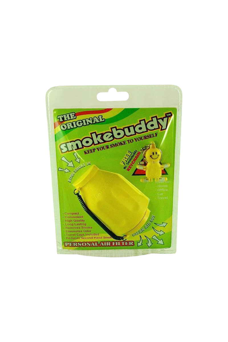 Pack-front view of the yellow Smokebuddy Original Personal Air Filter in its green blister card packaging.