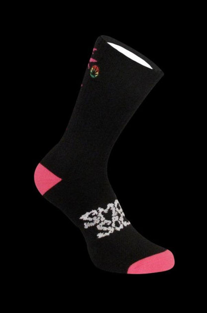 A side view of the Smokey Brand Socks - Hemp Leaf Ladder, showcasing the black sock with a ladder design and a contrasting toe.
