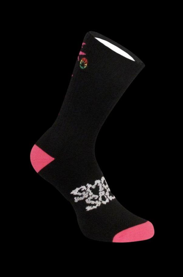 A side view of the Smokey Brand Socks - Hemp Leaf Ladder, showcasing the black sock with a ladder design and a contrasting toe.