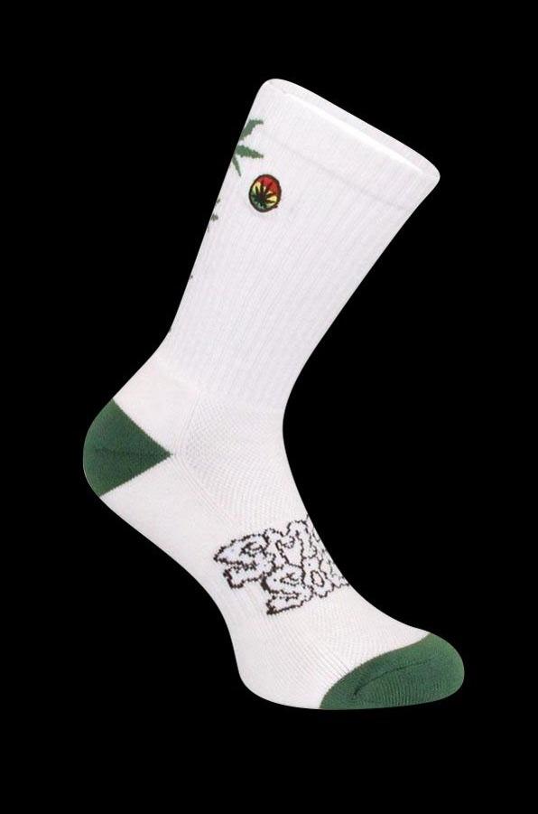 A three-quarter view of the Smokey Brand Socks - Hemp Leaf Ladder, featuring a green toe and heel against a white sock.