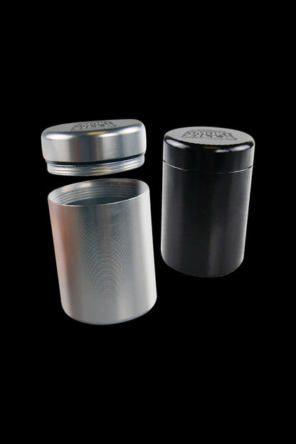 A front view of the Smokezilla Smell Proof Storage Jar - 4 Pack, showcasing a sleek, cylindrical container on a black background.