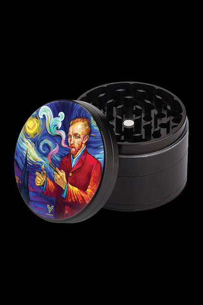 A black four-piece grinder featuring a vibrant, artistic rendition of Vincent van Gogh smoking, inspired by his “Starry Night” painting."