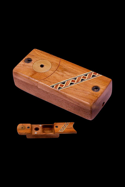 A slightly angled, close-up view of the Sneaky Tokes Stash 'N Go Wood Smoking Pipe, showcasing its detailed wooden grain and circular opening.