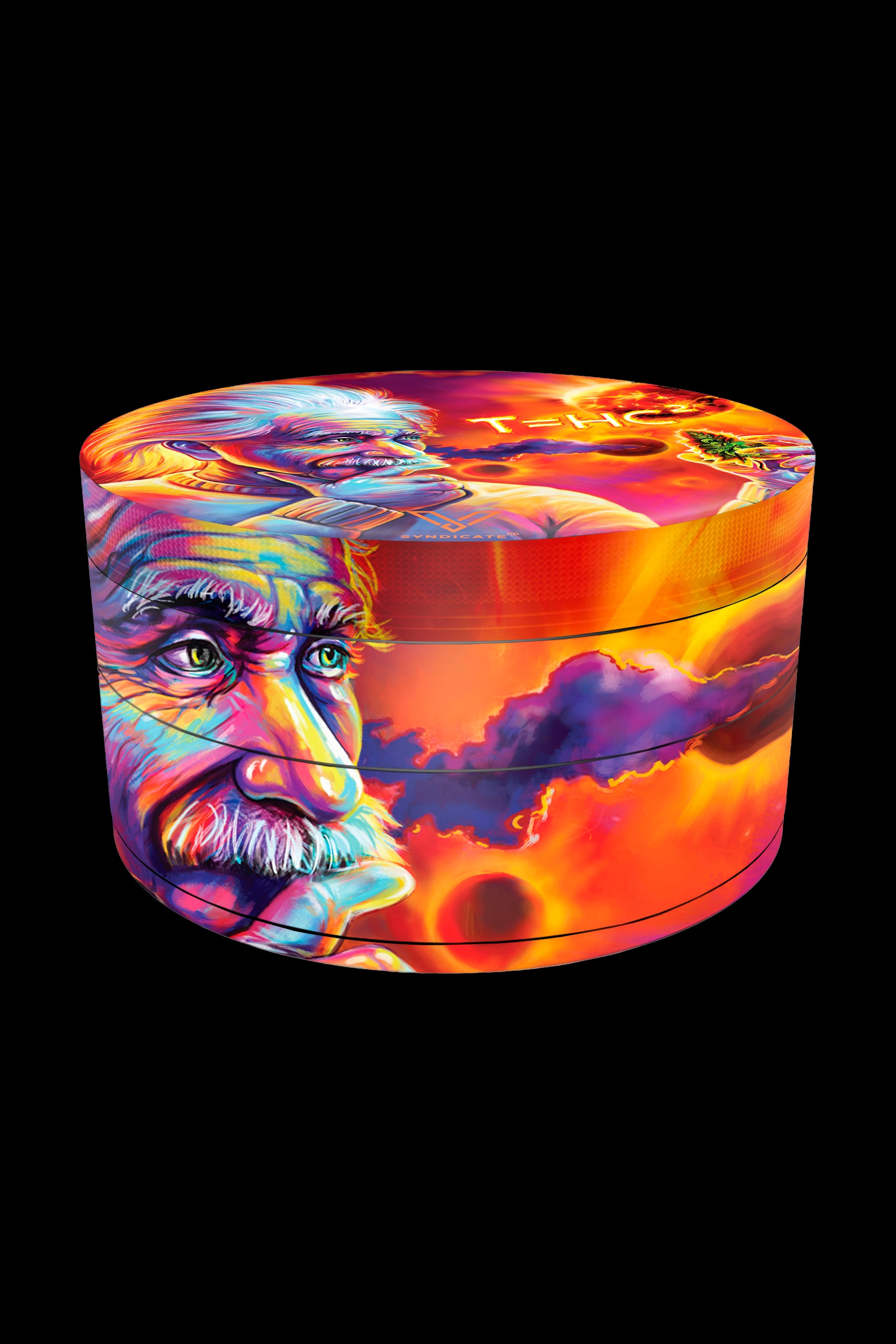 Colorful grinder featuring a portrait of Albert Einstein against a fiery, psychedelic sunset backdrop.