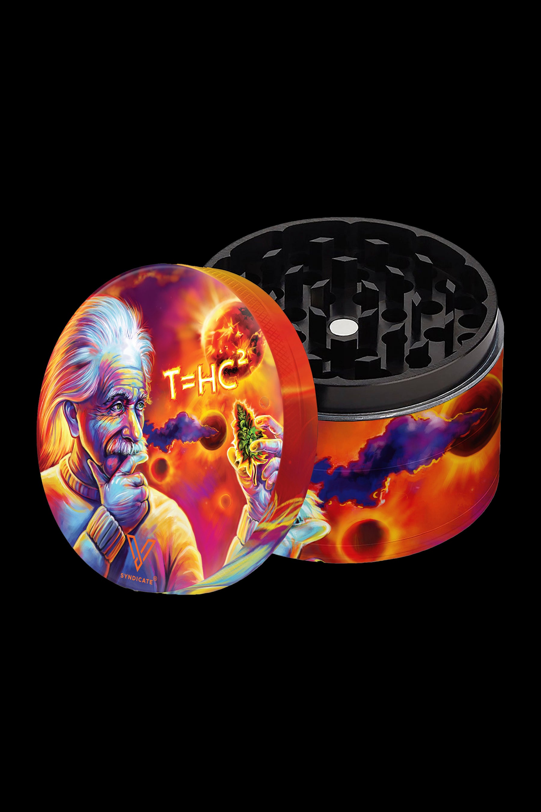 Cannabis grinder featuring a colorful illustration of Albert Einstein with cannabis buds and the equation “T=HC²”.