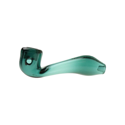 A side view of the "Puff Puff Pass "Sour Diesel" Strain Pipe, a curved, green glass pipe against a plain white background.