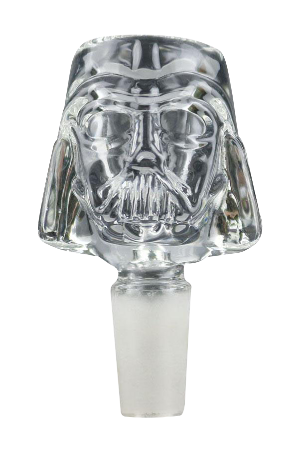 Front view of the Space Man Herb Slide 14mm Bowl, a colorful glass piece with a unique, sculpted design.