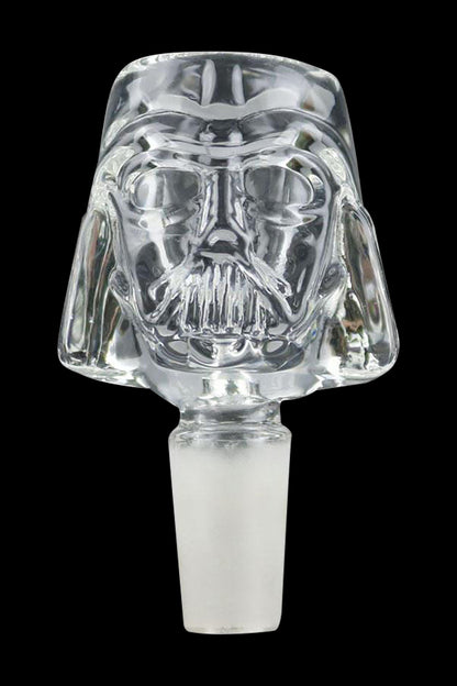 A close-up, angled view of the Space Man Herb Slide 14mm Bowl, displaying its clear glass construction and unique design.