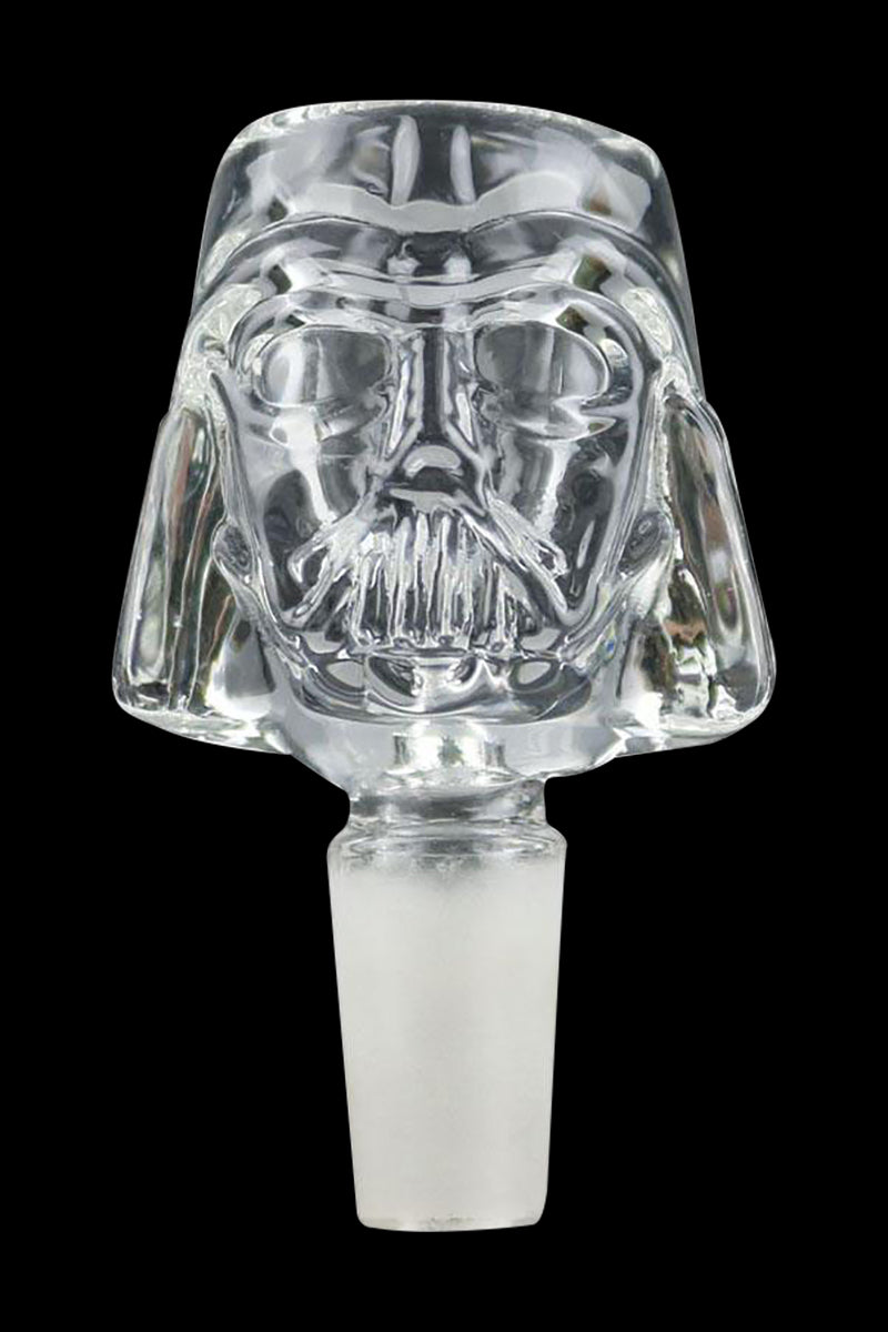 A close-up, angled view of the Space Man Herb Slide 14mm Bowl, displaying its clear glass construction and unique design.