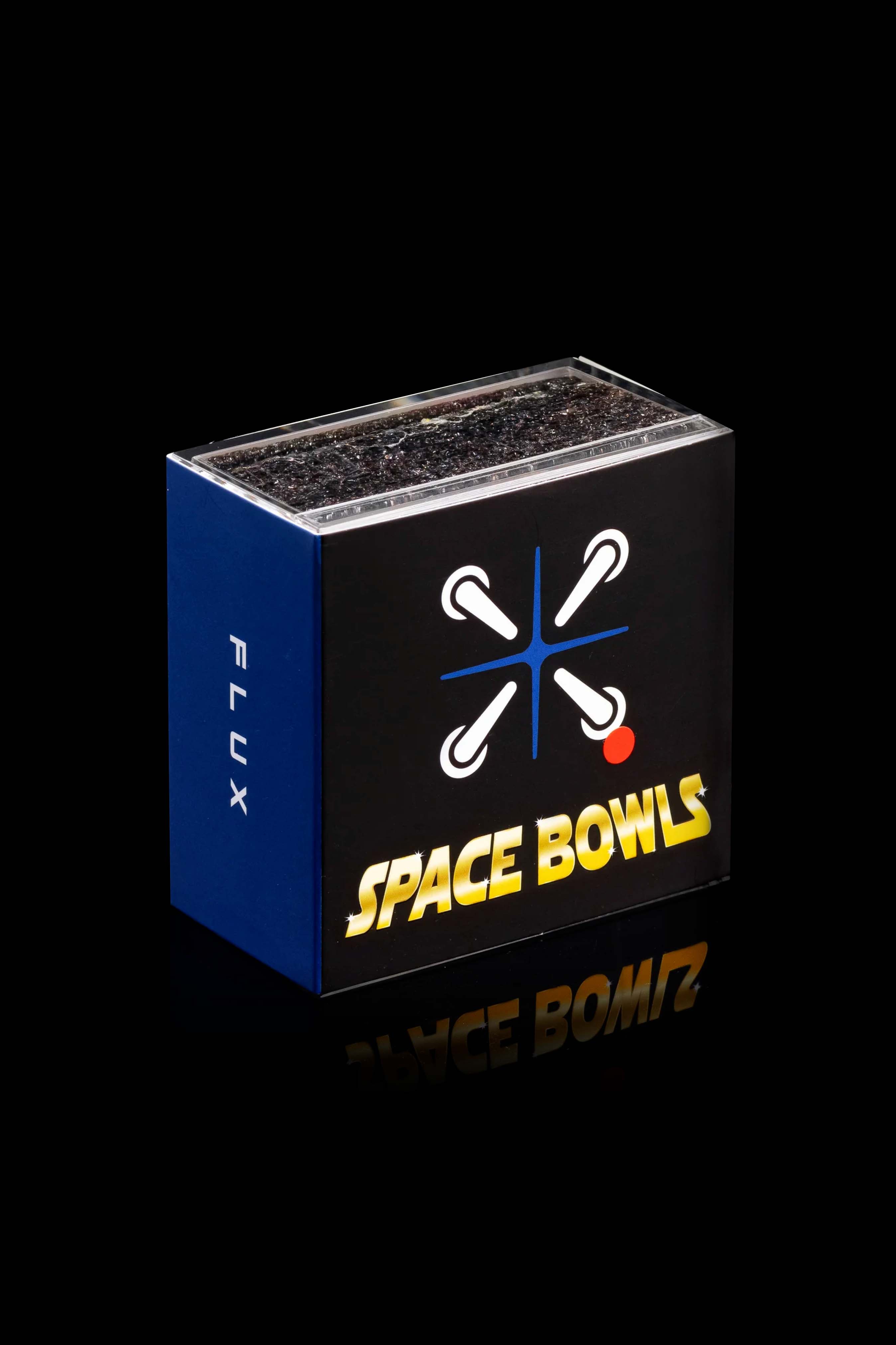 Blue cannabis accessory box labeled “Flux Space Bowls” with a graphic of white arrows forming a cross shape.