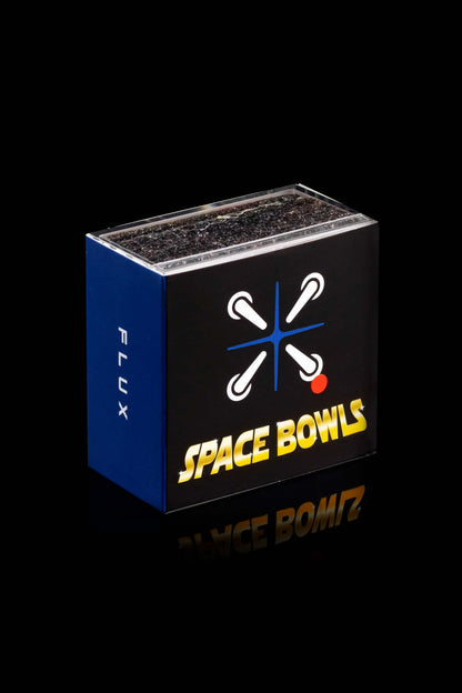 Blue cannabis accessory box labeled “Flux Space Bowls” with a graphic of white arrows forming a cross shape.