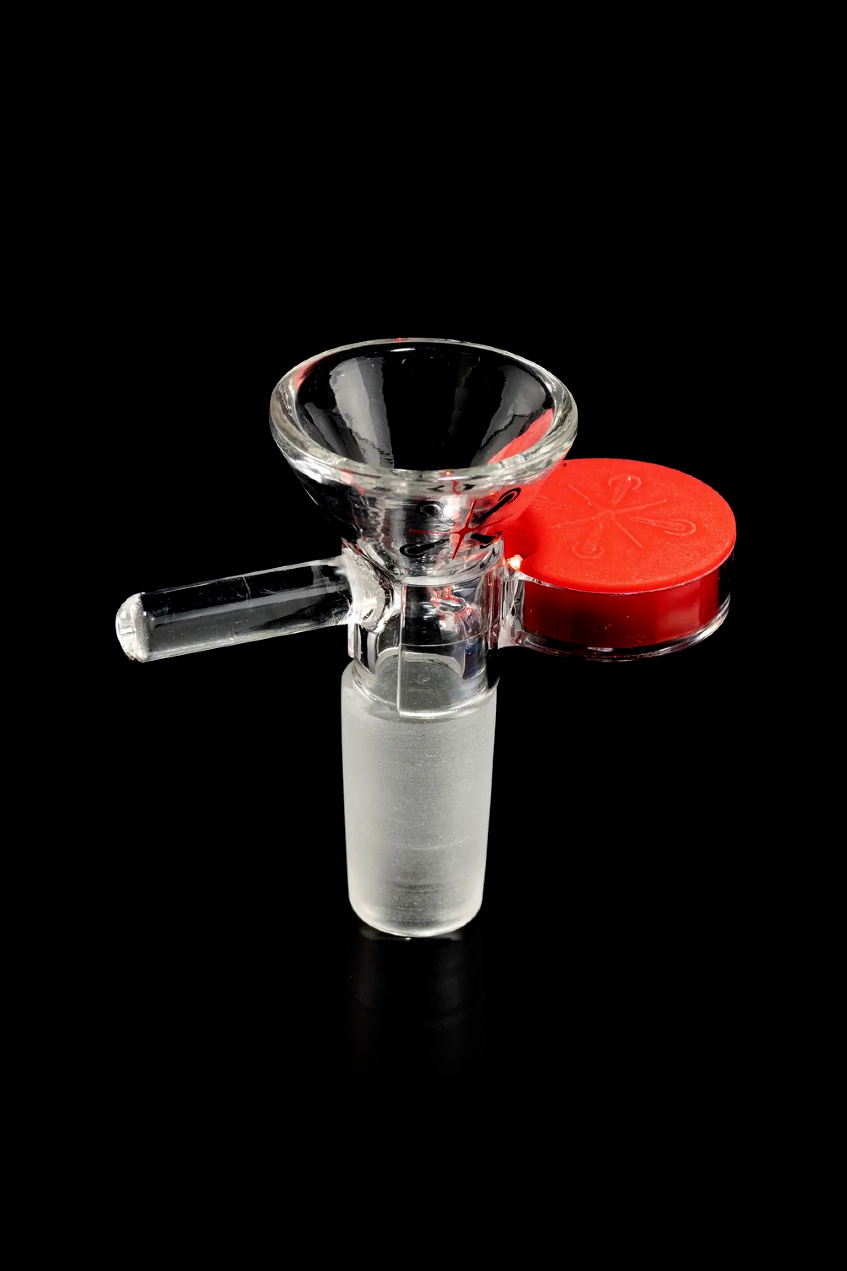 Clear glass cannabis bowl with red accents, displayed against a black background.