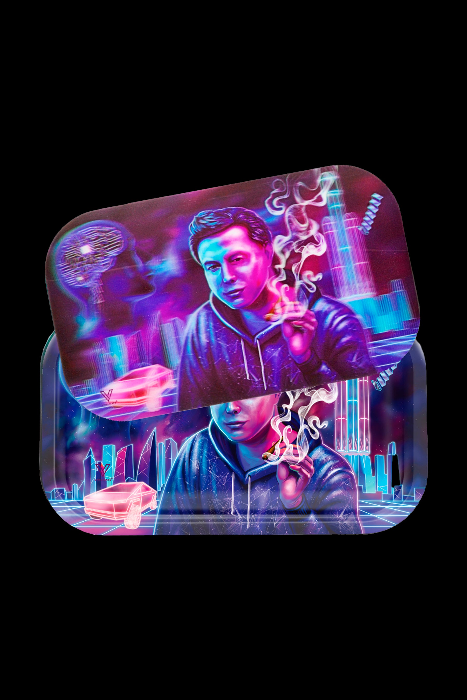 Neon-lit rolling tray featuring a portrait of a person smoking, with a futuristic cityscape background.