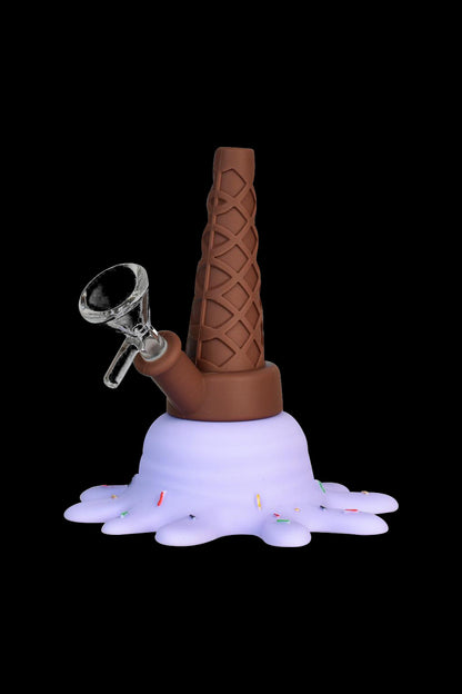 Front view of the Splat Ice Cream Silicone Water Pipe, shaped like melting ice cream with a clear glass mouthpiece.