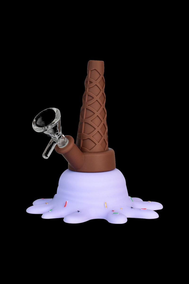 Front view of the Splat Ice Cream Silicone Water Pipe, shaped like melting ice cream with a clear glass mouthpiece.