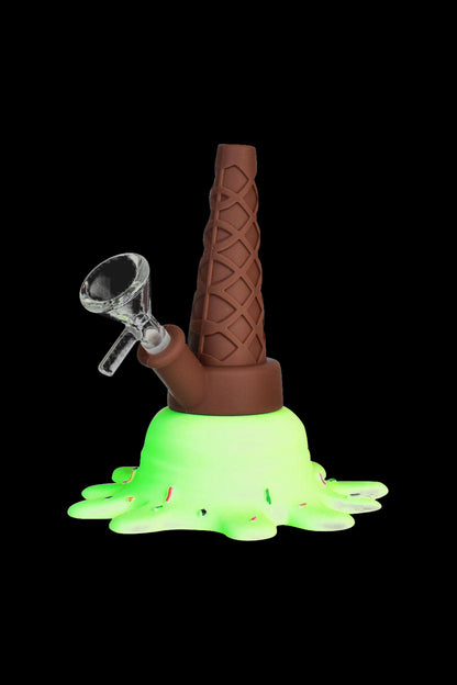 Front view of the Splat Ice Cream Silicone Water Pipe, resembling a melting ice cream cone with a textured, brown upper section and a light-green base.