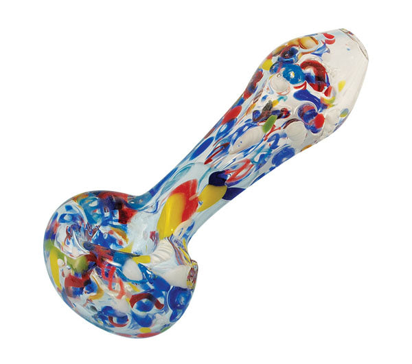 A close-up angled view of The "Paint Splatter" Colorful Frit Glass Pipe, featuring vibrant, colorful frit patterns within clear glass.
