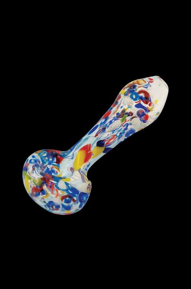 A side view of “The Paint Splatter” Colorful Frit Glass Pipe, showing its colorful speckled glass design.