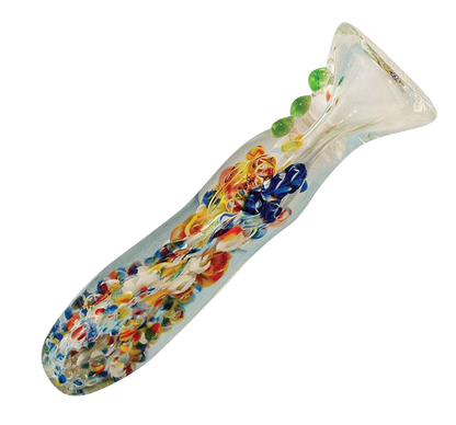 A close-up view of the Splatter Frit Glass Chillum Taster Pipe, showing its colorful frit pattern and slender glass body.