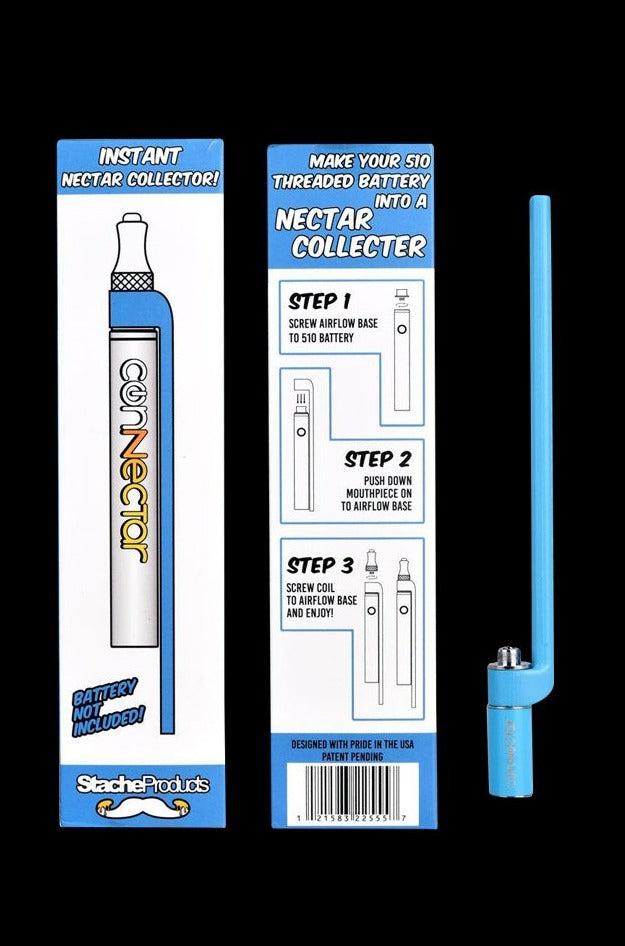 Front view of the Stache Products The ConNectar 510 Electric Dab Straw with instructions detailing assembly steps on its packaging.