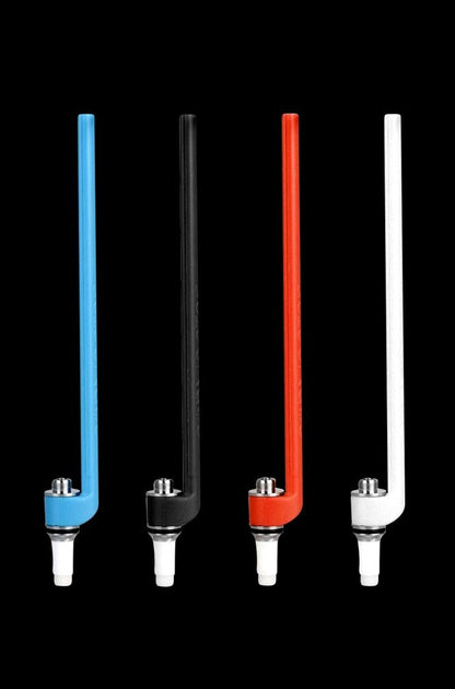 A front view of the Stache Products The ConNectar 510 Electric Dab Straw in silver, angled against a black background.