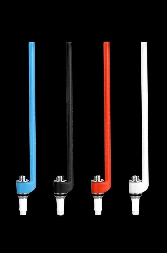 A front view of the Stache Products The ConNectar 510 Electric Dab Straw in silver, angled against a black background.