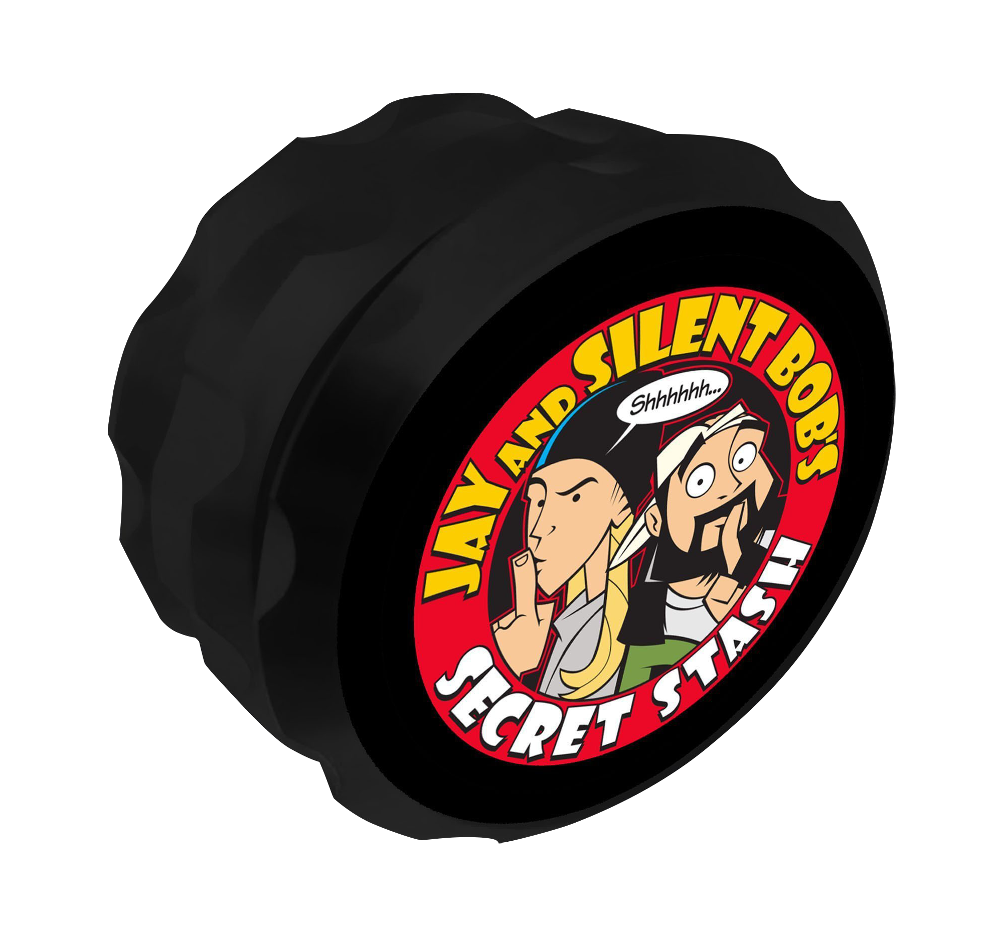 Close-up of the “Jay and Silent Bob Secret Stash” grinder with a metallic finish and distinct circular design.