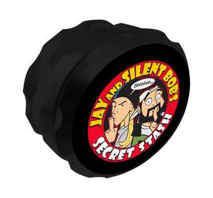 Close-up of the “Jay and Silent Bob Secret Stash” grinder with a metallic finish and distinct circular design.