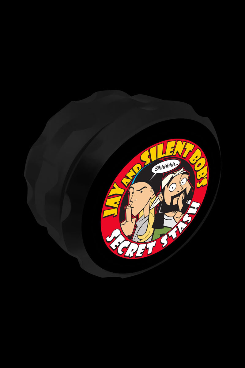 Front view of the "Jay and Silent Bob "Secret Stash" Grinder" featuring a graphic of the iconic duo on a dark background.