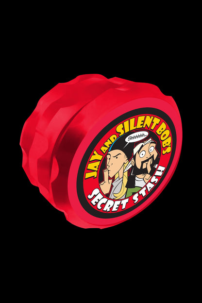 Front view of the Jay and Silent Bob "Secret Stash" Grinder, showing a detailed metal construction with a circular design.