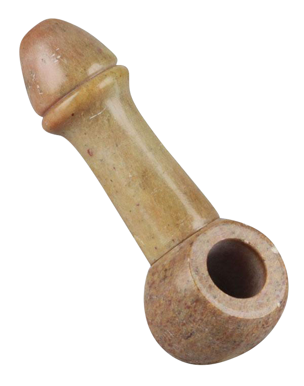A side view of the Stone Carved Penis Pipe, showcasing its sculpted form and smooth, stone texture.