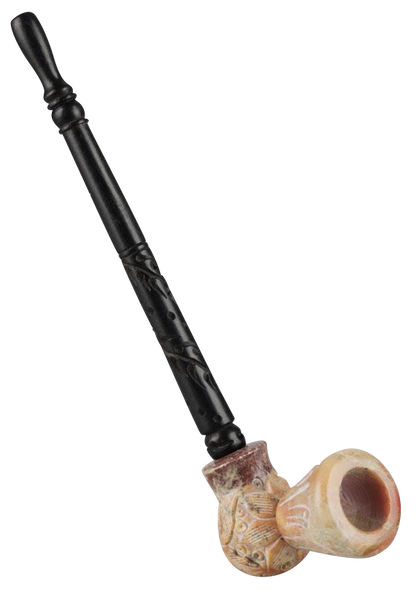 A close-up, angled view of the Stone Carved Pipe with Wood Stem, featuring a detailed stone bowl and dark wood stem.