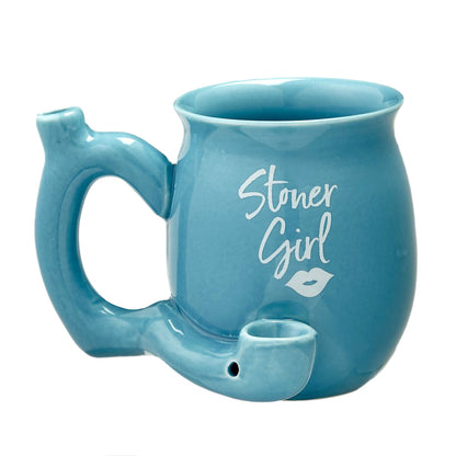 A close-up, side view of the Roast & Toast Stoner Girl Mug Pipe, showing its ceramic mug and pipe combination design.