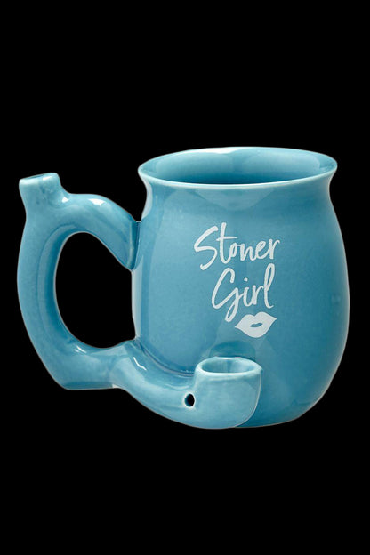 Turquoise ceramic water pipe shaped like a mug, decorated with “Stoner Girl” and lip print graphics.