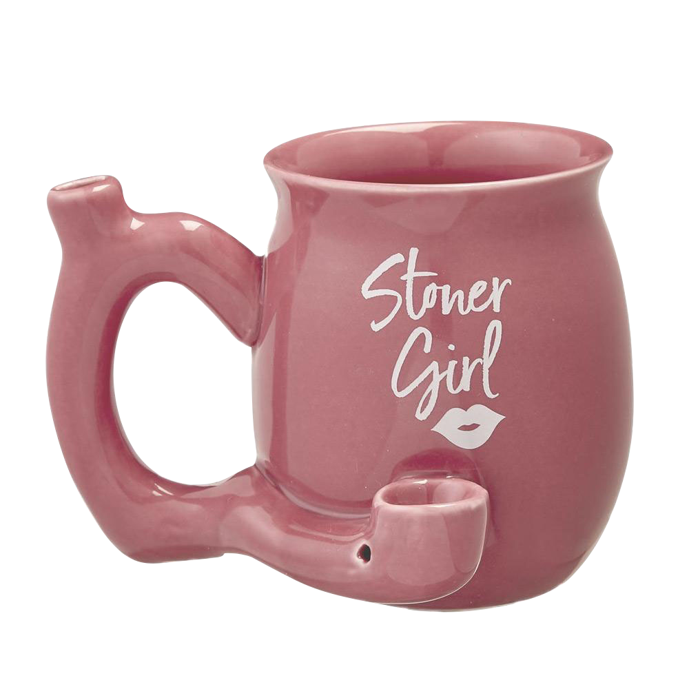 A side view of the Roast & Toast Stoner Girl Mug Pipe, resembling a ceramic mug with a stem-like extension.