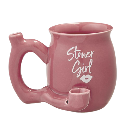 A side view of the Roast & Toast Stoner Girl Mug Pipe, resembling a ceramic mug with a stem-like extension.