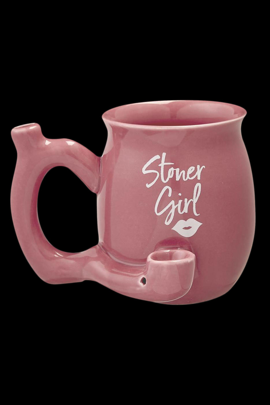 Pink ceramic mug with a built-in pipe and “Stoner Girl” script lettering.