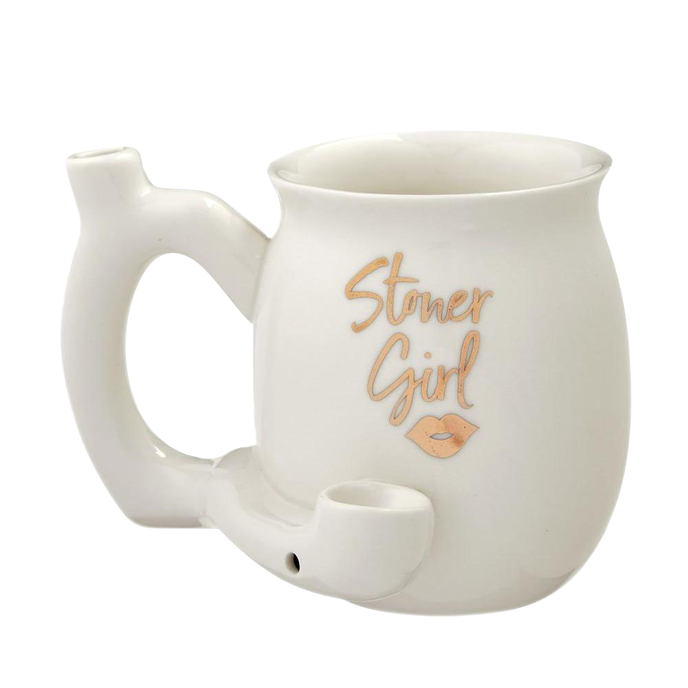 A front view of the Roast & Toast Stoner Girl Mug Pipe, a white ceramic mug with a pipe extending from the side.