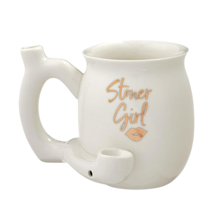 A front view of the Roast & Toast Stoner Girl Mug Pipe, a white ceramic mug with a pipe extending from the side.