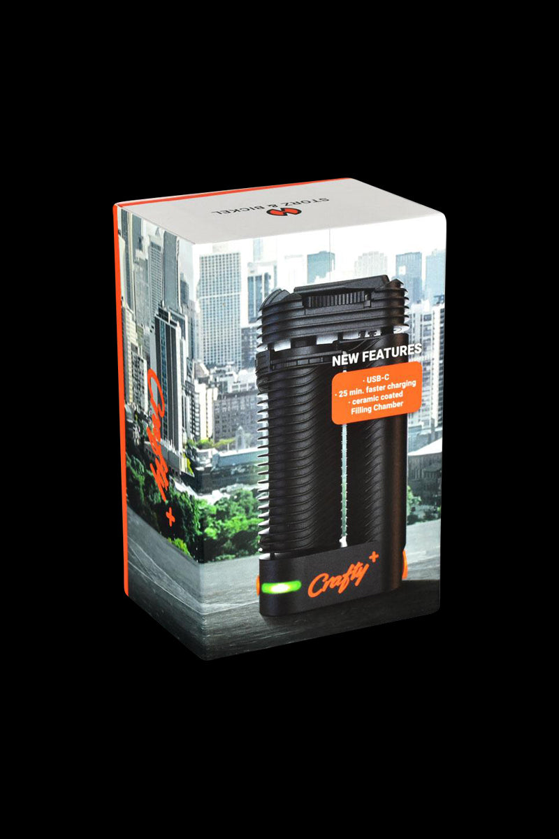 Front view of the Storz & Bickel Crafty+ USB-C updated portable vaporizer, showing its sleek black design against a blurred background.